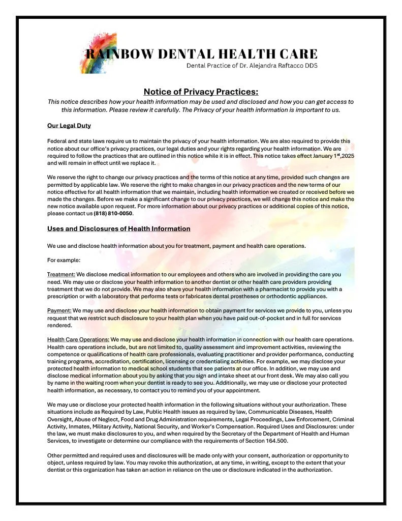 Rainbow Dental Health Care Notice of Privacy Practices, page 1: legal duty and uses and disclosures of health information