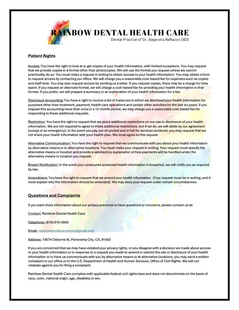 Rainbow Dental Health Care Notice of Privacy Practices, page 2: patient rights including access, disclosure accounting and restrictions